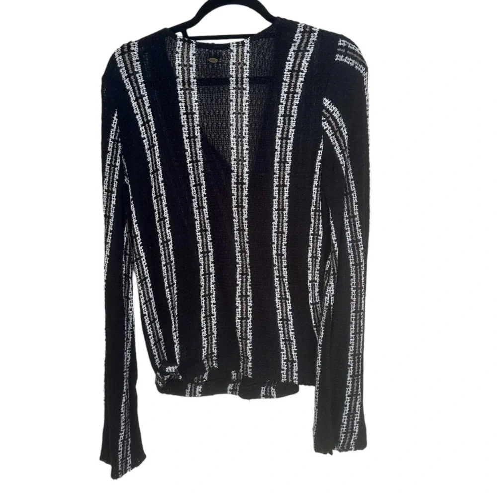 ONEIL Black White Brown Striped Open-Front Knit Cardigan Long Sleeves in Large - Picture 3 of 7